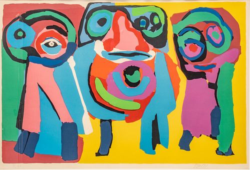 Karel Appel (Dutch, 1921-2006) Lithograph in Colors on Wove Paper, 1971, "Trois Figures", H 26" W 40"