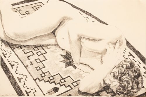 Philip Pearlstein (American, 1924-2022) Lithograph on Arches Creme Cover Paper, 1973, "Model on Grey Patterned Rug", H 22.5" W 32.25"