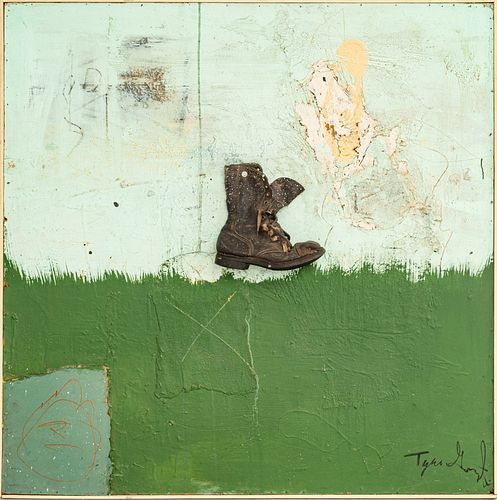 Tyree Guyton (American, B. 1955) Mixed Media on Pegboard 1988, "Last Journey (Boot)", H 48" W 48"