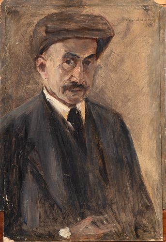 Max Liebermann (German, 1847-1935) Oil on Board, "Self Portrait", H 17.5" W 12"