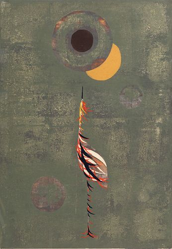 Tadashi Nahayama (Japanese, 1927-2014) Woodcut in Colors on Paper Ca. 1958, "Fledgling", H 30" W 21"