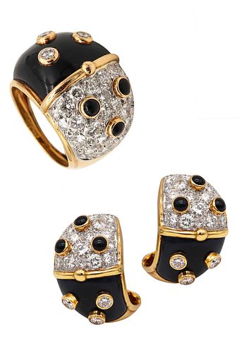 French Suite Of Clip Earrings And Ring In 18Kt Gold With 6.57 Cts Diamonds And Black Jade