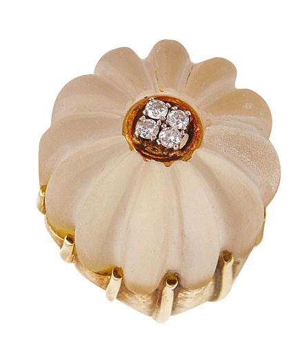 Modernism 1970 Cocktail Ring In 18Kt Yellow Gold With Rock Quartz & VS Diamonds