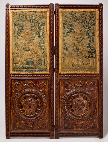 Carved Two-Fold Screen with Tapestry