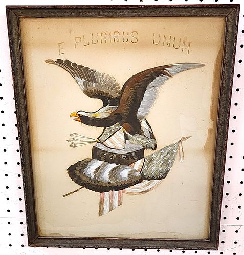 Framed Feather Art E Pluribus Unum Eagle And Amer Flag 16 1/2" X 13 1/2"