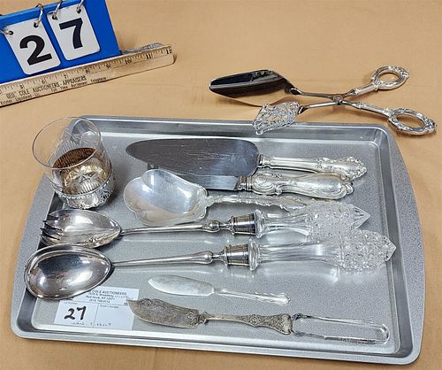Tray Serving Pcs Sterl Spooon, Butter Knives Etc 3.66 Ozt, 3 Sterl Handled 2 Pc Cut Glass Handled Serving Spoon And Fork, Hallmarked Cut Glass Base