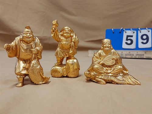 Tray 3 Gilt Bronze Chinese Figures 4", 3 1/4" And 2 3/4"