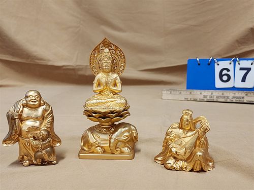 Tray 3 Chinese Gilt Bronze Figures 6", 3 1/2", 2 1/2"