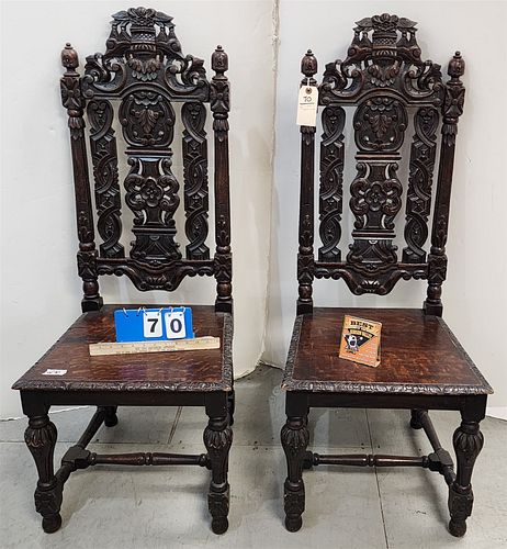 Pr English C1890 Carved Oak Chairs 46 1/2"H X 18 1/2"W