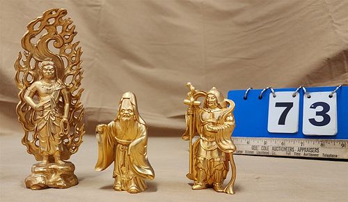 Tray 3 Chinese Gilt Bronze Figurines 6", 3 1/2", 3 1/2"