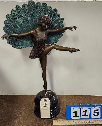 Deco Bronze Peacock Girl Sgnd M. Pellier 21 1/2"