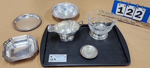 Tray Sterl Incl Real Silver Factory Gravy, Sm Plates And Bowls 20.57 Ozt And Sterl Base Heisey 2 Section Bowl