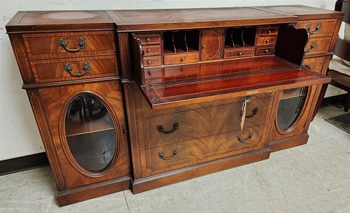 Mahog Leather Top Credenza W/ Desk Drawer, Inlay And Convex Glass Panels In Doors 36"H X 66"W X 16 1/2"D