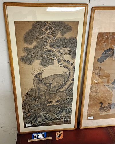 Framed Japanese Ptg Of Ducks On Paper Of Deer 52" X 25"