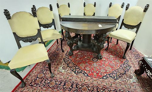 Oak 4' Diam Dining Table W/ 4  Winged Griffon Ped Base W/ 3 Leaves And 6 Chairs