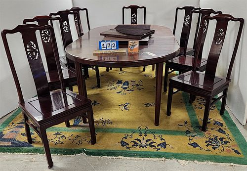 Rosewood 46" Diam Extension Table W/ 2-19 3/4" Leaves And 8 Asian Dining Chairs