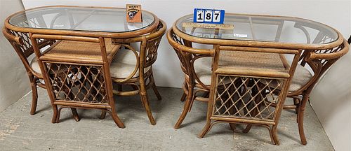 Pr Oval Glass Top Bamboo Tables 29"H X 39"W X 20"D W/ 2 Pr Armchairs