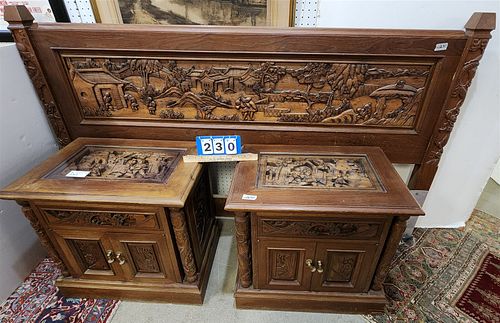 Pr Asian Carved 2 Door End Stand 2'H X 26"W X 18"D And King Bed 