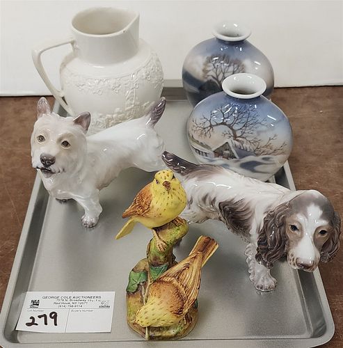 Tray Dj Copenhagen Dog Figurines 4 1/2"H X 7" (Repaired) 5" X 6" Pr Vases 4", Minton Pitcher, Royal Worcester Bird Group Yellow Hammers 5"