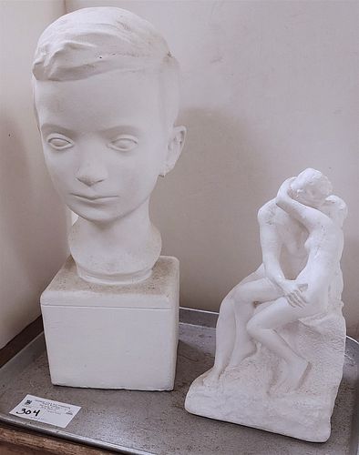 Tray Plaster Bust Of A Boy 16" And 10" Lovers