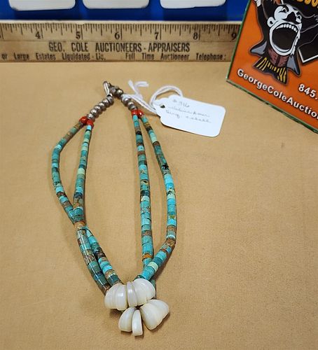 Native Amer Effigy Turqouise And Shell Necklace 14"