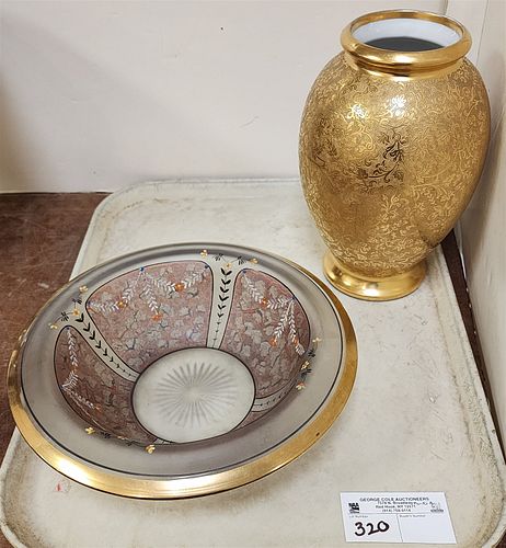 Tray Gilt Embossed Porcelain Vase Mkd Hw Within A Circle 9" And Gold Rim Enameled Bowl 3"H X 10 1/2" Diam