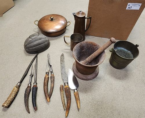 Bx Prim Items Cast Iron Mortar And Pestle 6 1/2"H X 6 3/4" Diam, Copper Covered Casserole And Tea Pot And Mug Tin Mold Etc