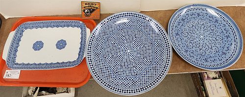 Tray 3 Cocema Fer Morocco Porcelain Chargers 16" And 13 3/4" Diam, Platter 10" X 16 1/2"