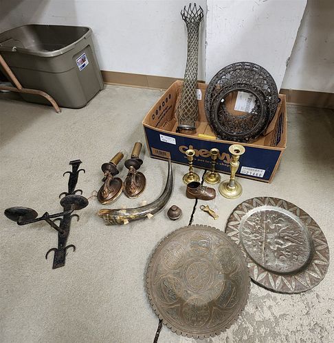Bx Metal Items- 2 Mid East Copper Chargers, Brass Candlesticks, Pr Brass Sconces, Wrought Sconce Etc