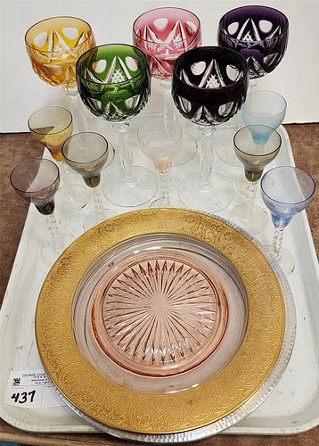Tray 5 Color Cut To Clear Glasses, 7-8" Colored Cordials Gilt Edged Pink Depressionserving Plate Etc