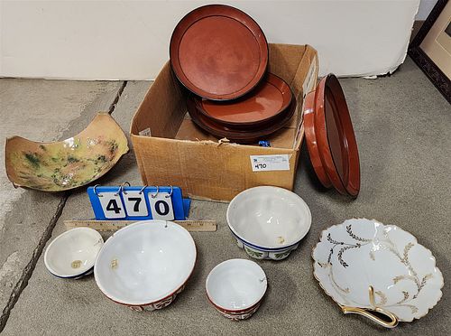 Bx Japanese Lacquer Plates, Enamel On Copper Bowl, Italian Ceramic Molds Etc