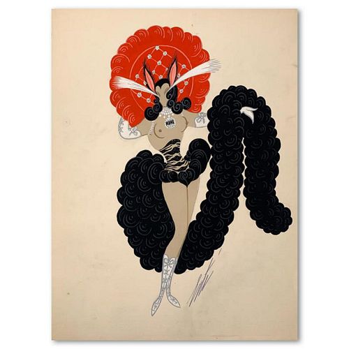 Erte (1892-1990), "Les chatters, deuxieme version" Original Gauche Painting, Hand Signed with Letter of Authenticity.