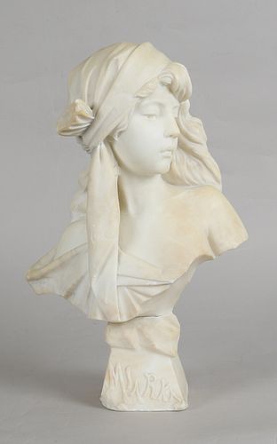 Art Nouveau Carved Marble Bust: Miarka, After Villanis