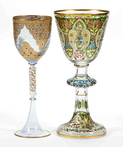 EUROPEAN DECORATED GLASS GOBLETS / CHALICES, LOT OF TWO