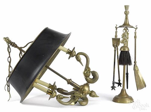 Cast brass hanging lamp, 20th c., with swans' neck supports