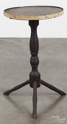 Painted splay leg candlestand, 19th c., with an iron dish rim and old Spanish brown surface, 26'' h.