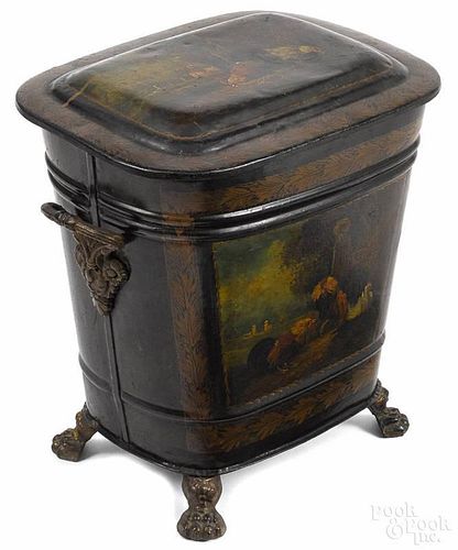 English tole painted coal scuttle, 19th c., 16'' h., 17'' w.