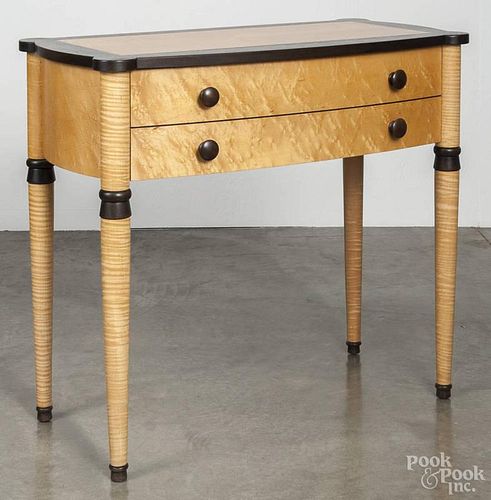 Custom curly maple and walnut dressing table, 32'' h., 36'' w., together with a two-drawer stand