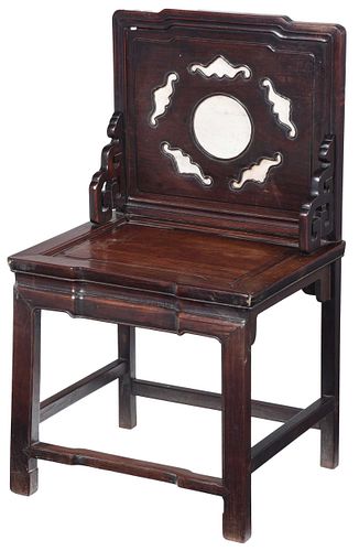 Chinese Marble Inset Carved Hardwood Side Chair
