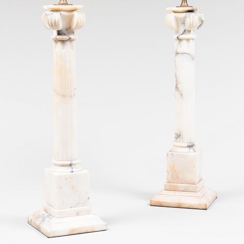 Pair of Carved White Marble Columnar Lamps