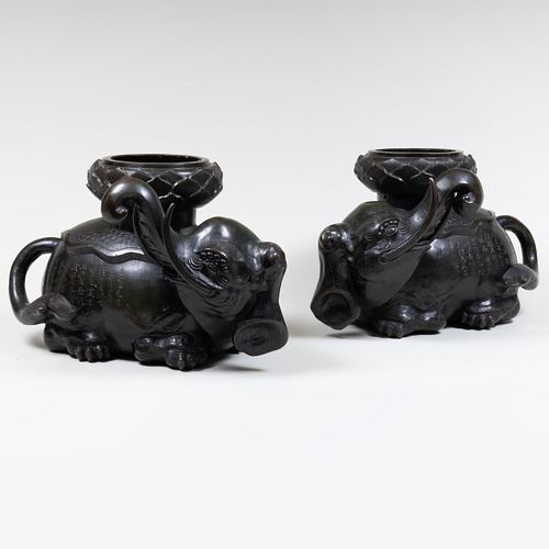 Pair of Japanese Bronze Elephant Form Censers with Lotus