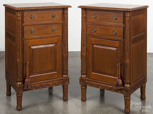 Pair of contemporary mahogany end tables, 33 1/2'' h., 20'' w.