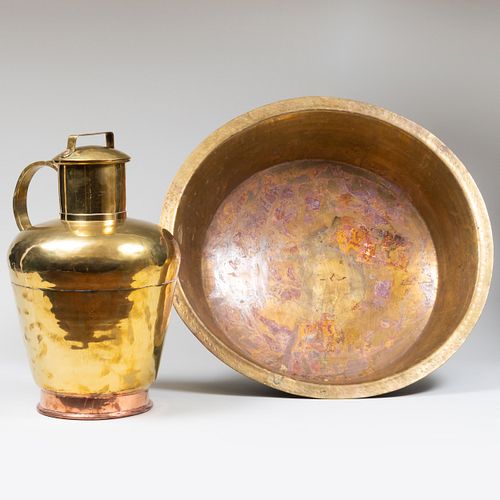Large Brass Basin and a Brass and Copper Jug and Cover