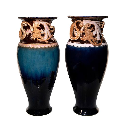 Pair of Doulton Lambeth Mark V Marshall Gothic Revival Vases