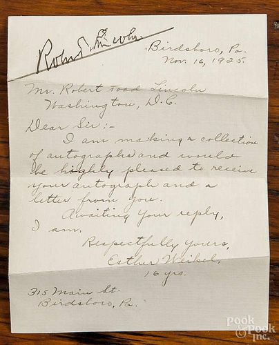 Robert Todd Lincoln signature on a letter, dated Nov. 16 1925, from Esther Weikel, 16 years old