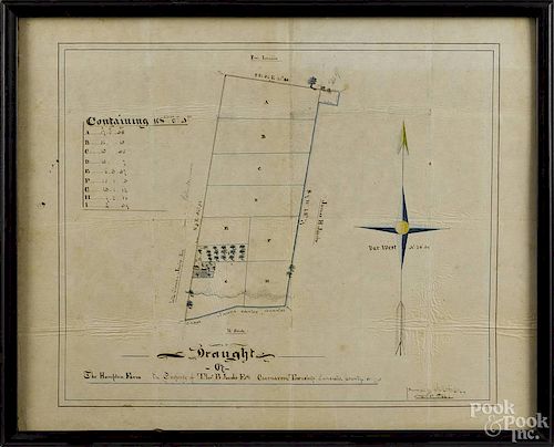 Lancaster County, Pennsylvania pen and ink survey map, dated 1844, for The Hampton Farm