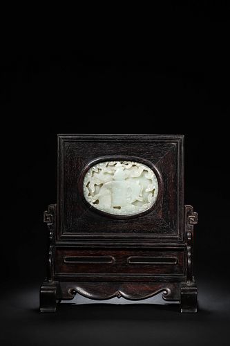A vase and elephant patterned jade-inlaid rosewood screen,Qing Dynasty,China