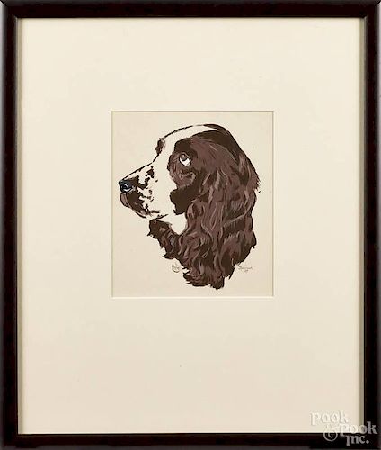 Watercolor portrait of an English Springer Spaniel, signed Janet Holbrook, `37, 7 3/4'' x 6 3/4''.