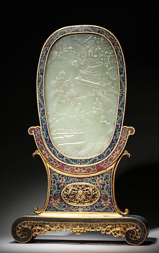 A figure patterned jade-inlaid cloisonne screen,Qing Dynasty,China