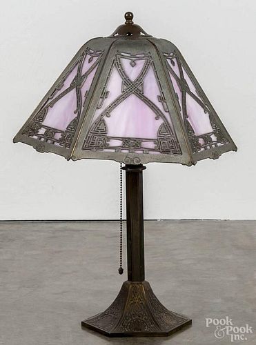 Slag glass and spelter table lamp, early 20th c., 20 1/2'' h.